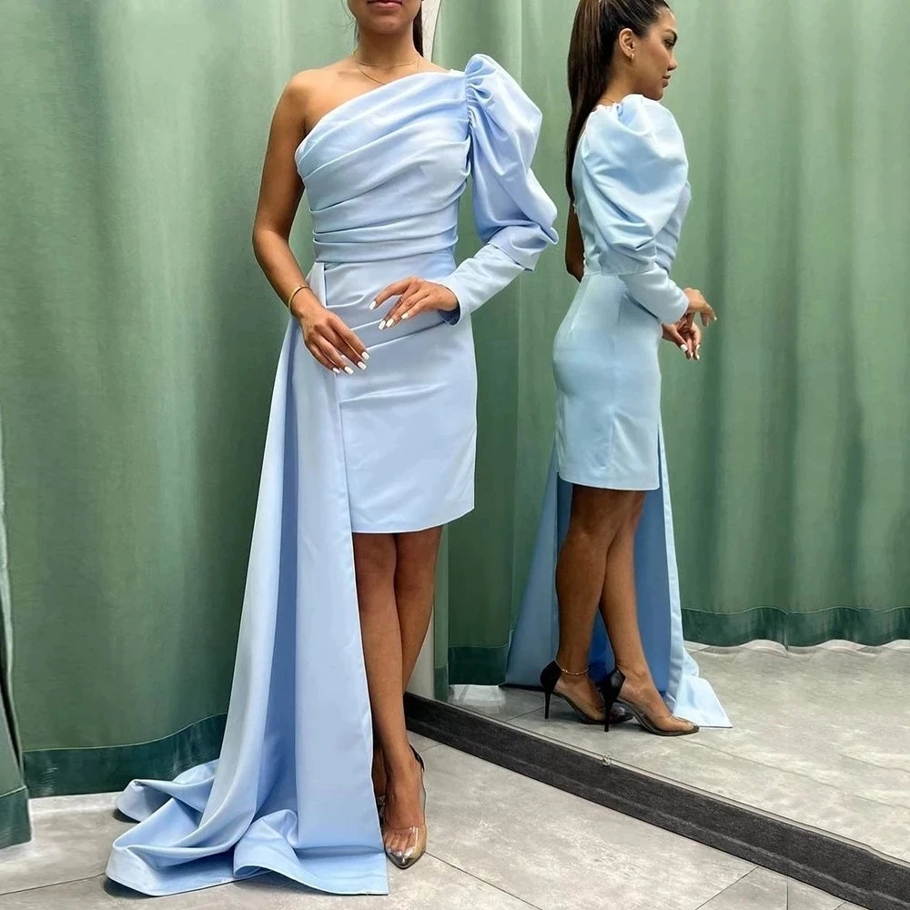 

ANGELSBRIDEP Sky Blue Asymmetrical Short Prom Dresses Long Sleeves Saudi Pageant One Shoulder Women Evening Party Gowns