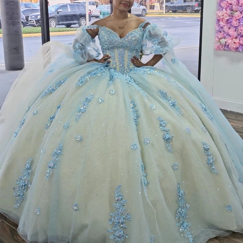 Shiny Sky Blue Quinceanera Dress Ball Gown Champagne Lining Lace Applique Crystals Beading Tull Sweet 16 Vestido De 15 Anos
Shiny Sky Blue Quinceanera Dress Ball Gown Champagne Lining Lace Applique Crystals Beading Tull Sweet 16 Vestido De 15 Anos