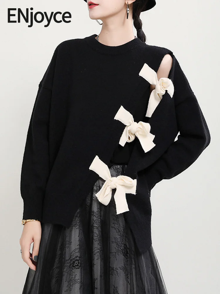 

ENjoyce 2023 Autumn Winter Multi Bowknots Black Sweater Women Long Sleeve Pullovers Korean Fashion Knitted Clothing Knitwear
