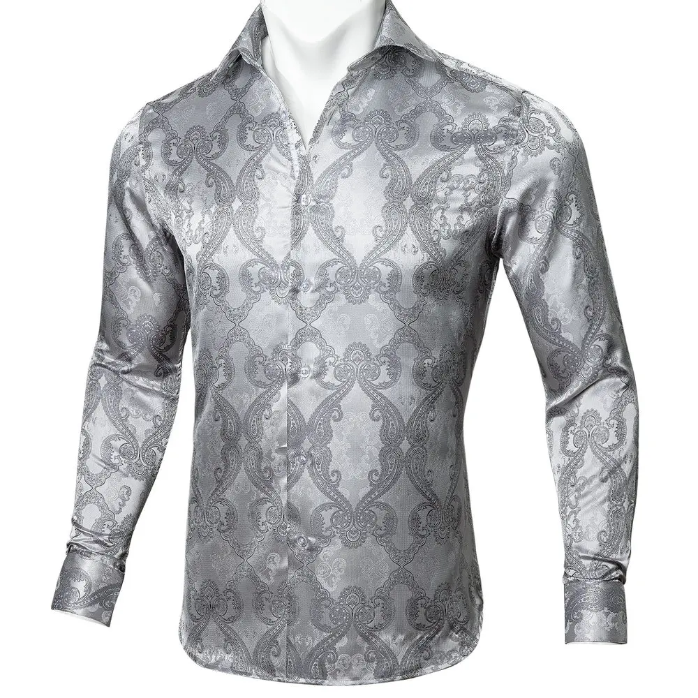 

Novelty Paisley Silver Long Sleeve Mens Shirt Turndown Collar Polyester Jacquard Casual Fit Business Wedding Designer Barry.Wang