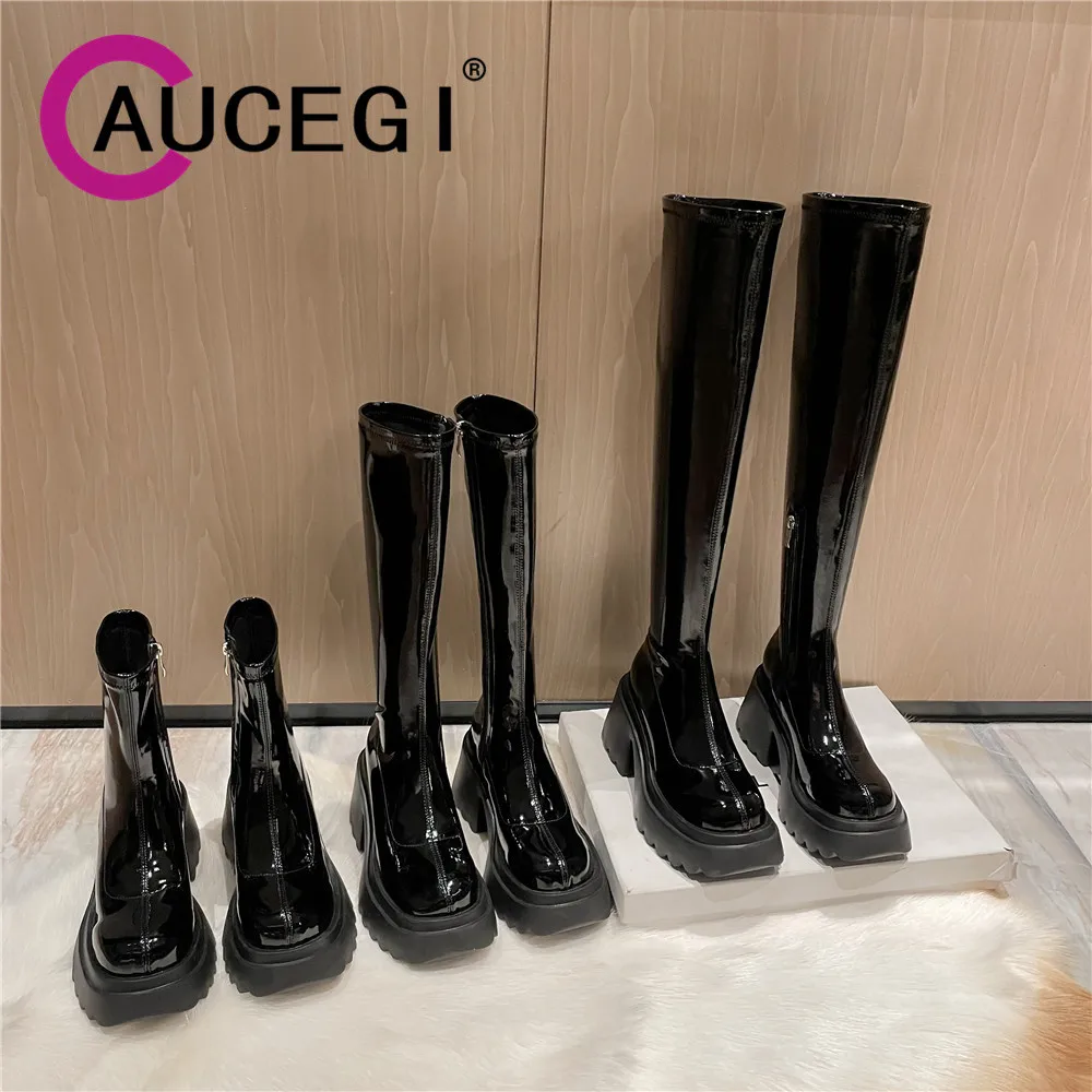 

Aucegi Women Autumn Winter New Style Platform Thick Heels Round Toe Knee High Boots Fashion Sexy Zipper PU Patent Leather Shoes