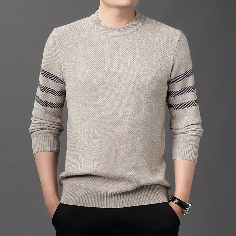 

Men Casual Pullover Sweaters Wine Red Green Beige Striped Sleeve Knitted Tops Polyester Nylon Viscose Fiber Blend Knitwear OOTD