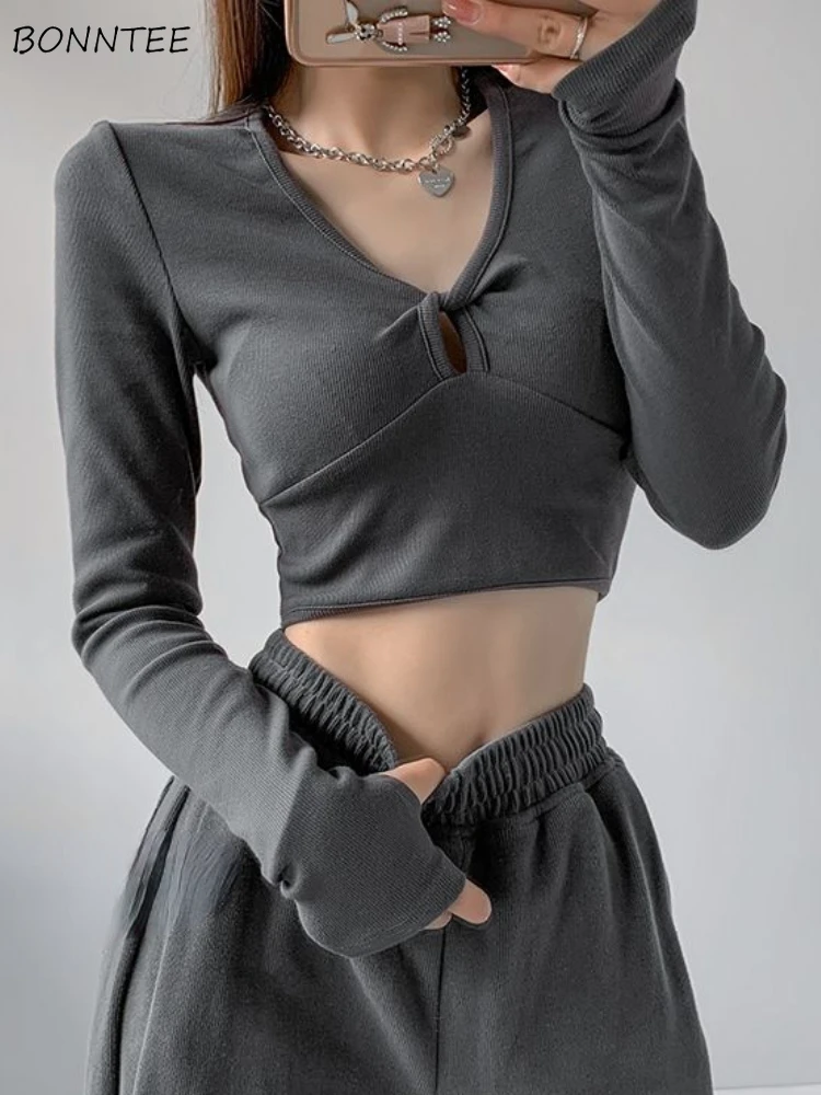 

T-shirts Women Hollow Out Retro Design Sexy Slim Hot Girls Autumn Creativity Simple Pure Long-sleeve Ulzzang Crop Fashion Casual