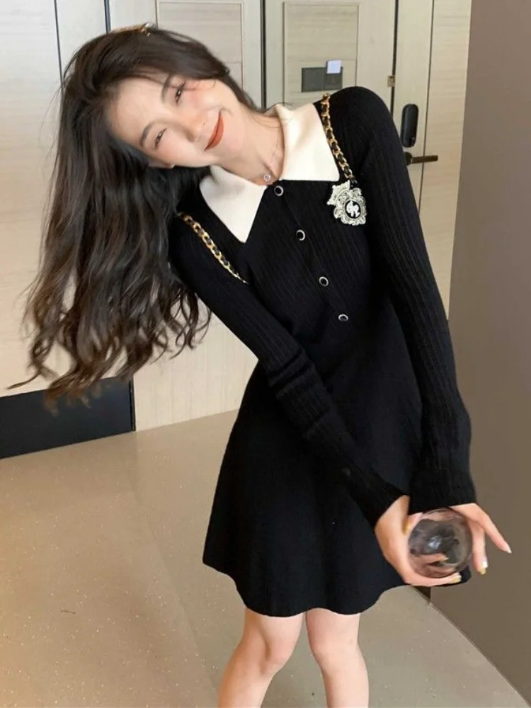 

QWEEK School Student Knitted Knit Black Dress Women Preppy Style Korean Fashion Kpop Long Sleeve Mini Short Dresses 2023 Autumn