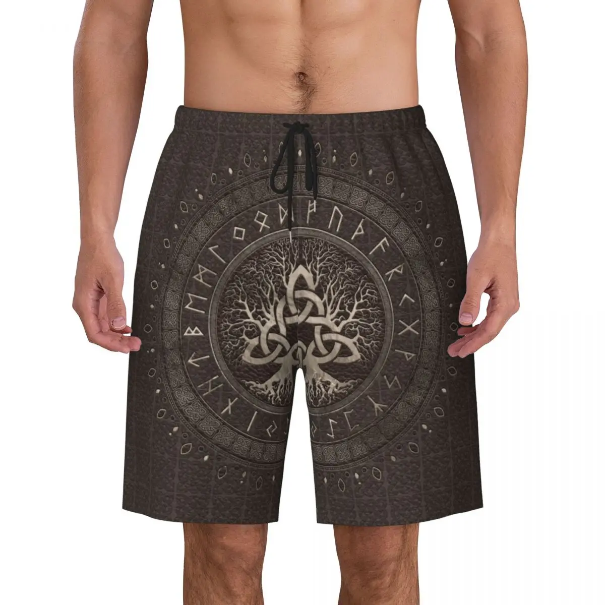 

Tree Of Life With Triquetra Brown Leather And Gold Board Shorts Beach Shorts Briefs Viking Norse Yggdrasil Quick Dry Swim Trunks