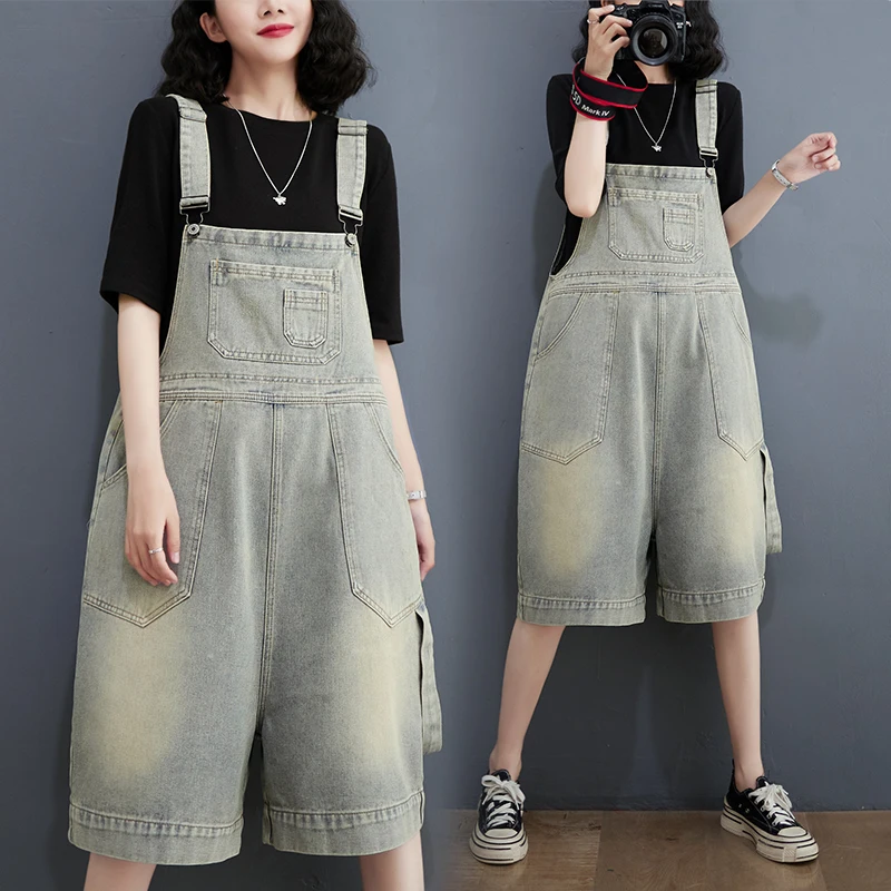

5589 New Summer Denim Shorts Jean Overall For Women Vintage Washed Wide Leg Jumpsuit Rompers Female Casual Loose Suspender Pants