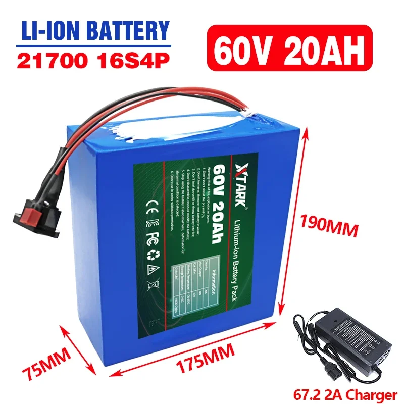 

New 60V 20Ah 21700 Lithium Battery Pack 16S4P 1000W-3000W Electric Bike Motorcycle Scooter Battery +67.2V 2A Charger