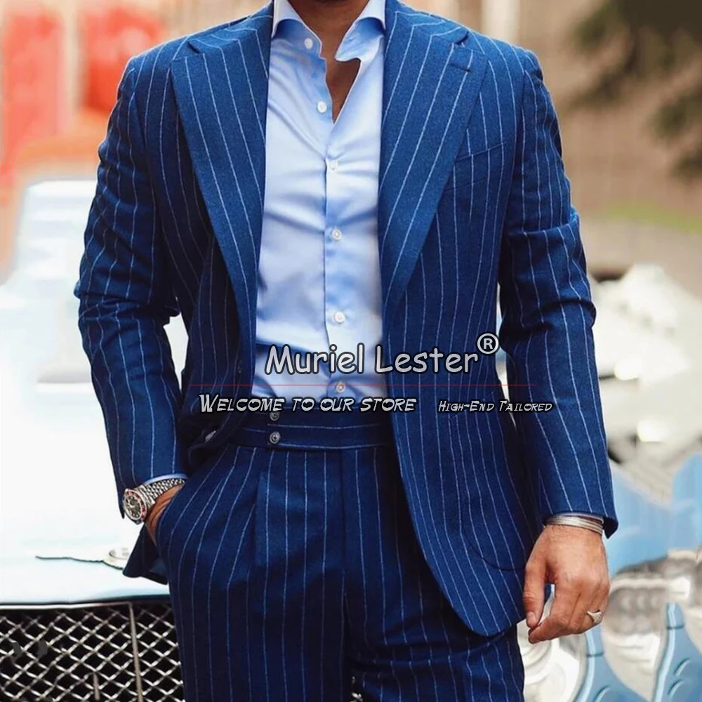 

Navy Blue Striped Suits Mens Formal Business Party Prom Blazer Wedding Groom Tuxedos 2 Piece Set Jacket Pants Terno Masculino