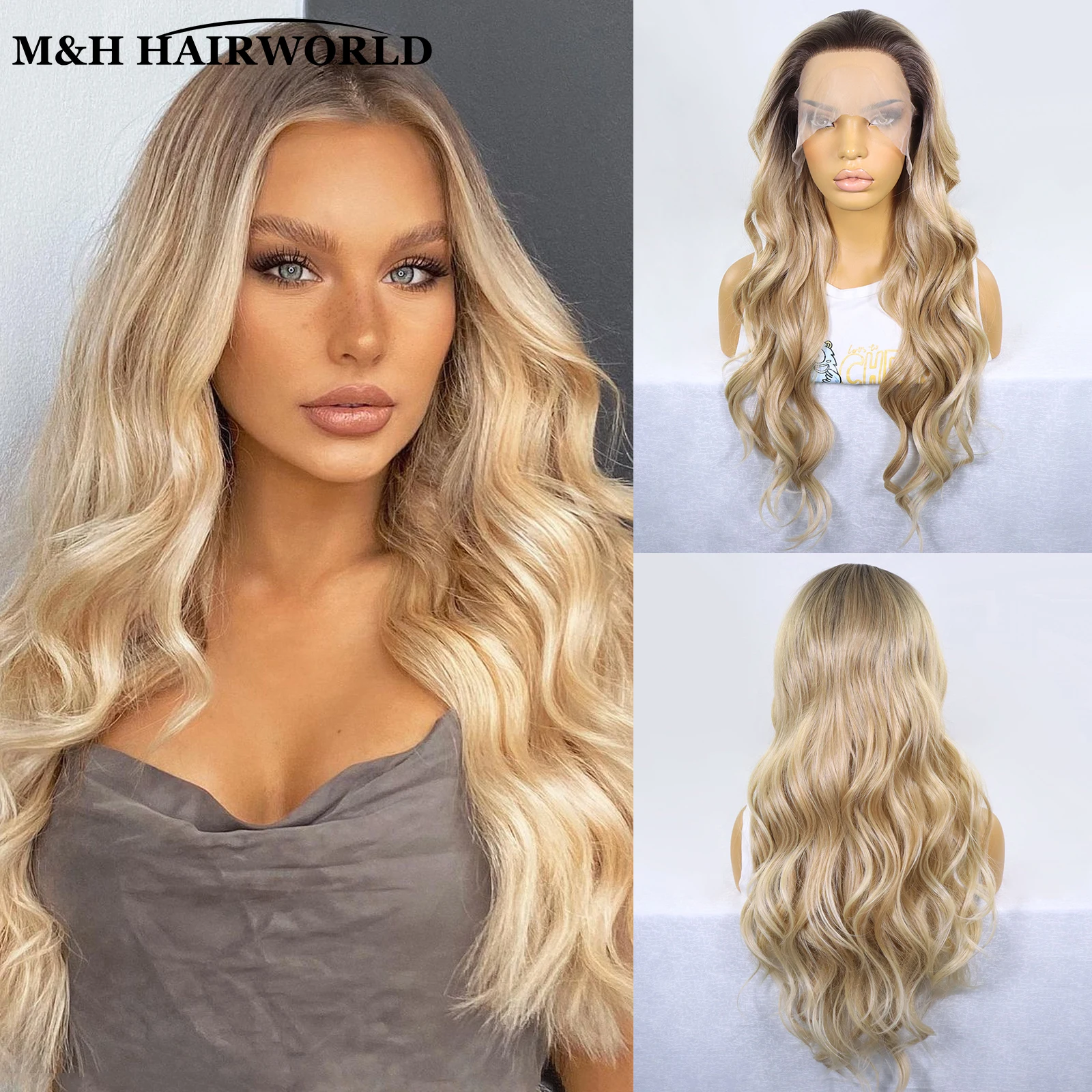 

Blonde Highlight Wave Lace Front Wigs For Women Dark Roots Ombre Brown Natural Wavy Synthetic Hair Wig Glueless Lace Frontal Wig