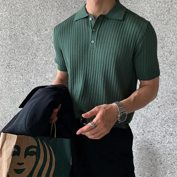 As Camisas de Verão Perfeitas para Homens: Design Luminoso 3D, Conforto e Estilo 7 Summer Men's Clothing Retro Knit Lapel Striped Polo Shirt Solid Color Short Sleeve Fashion Light Luxury Popular Knitwear M-3XL