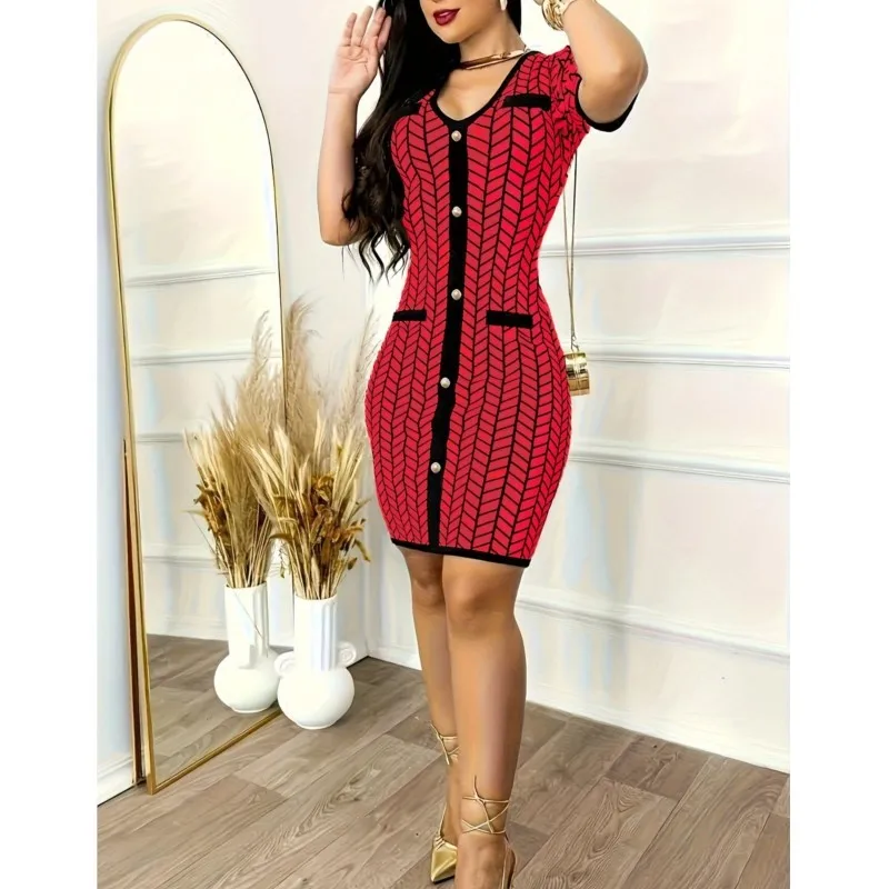 

2024Womens Short Sleeved Temperament V-neck Mini Skirt Button Fashionable Noble Sexy elegant Versatile Commuting Womens Dress