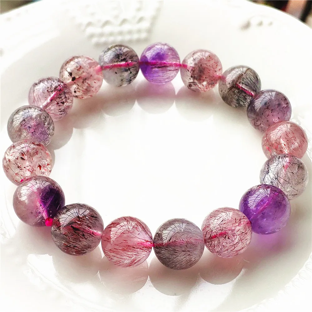 

Natural Purple Super Seven 7 Rutilated Lepidocrocite Quartz Bracelet 12.5mm Clear Round Beads Crystal Women Men AAAAAAA