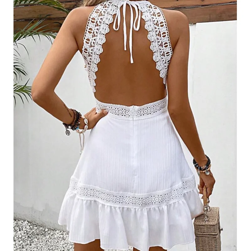 

Backless Halter Neck Mini Dress Women Sexy Solid Color Lace Splicing Ruffled Cover-up Beach Party Lace-up Crochet Dress