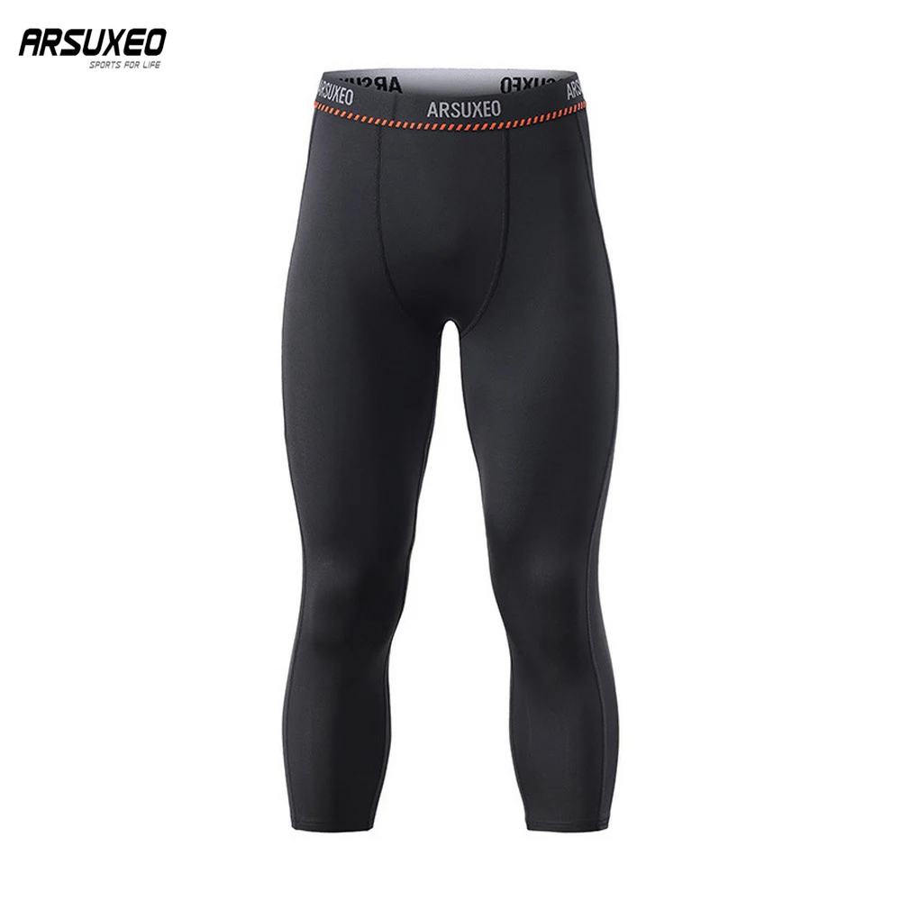 

ARSUXEO Men Sports Compression Tights Jogging Running Pants Quick Dry GYM Fitness Training Exercise 3/4 Trousers High Elastic