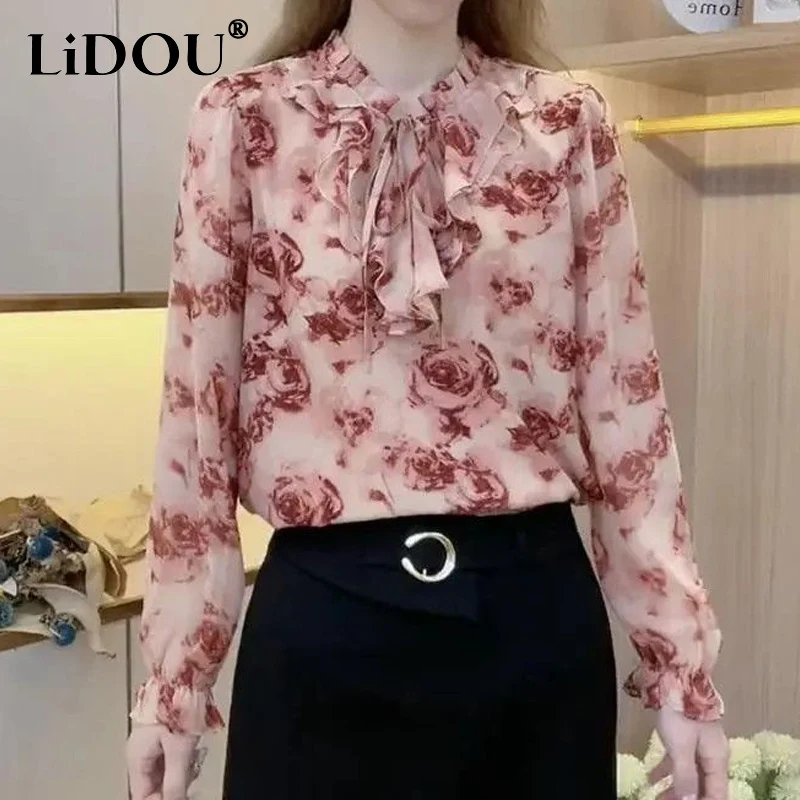 

2023 Spring Autumn New Floral Printing Elegant Shirt Women Shawl Collar Lacing Edible Tree Fungus Blouse Fashion Casual Tops