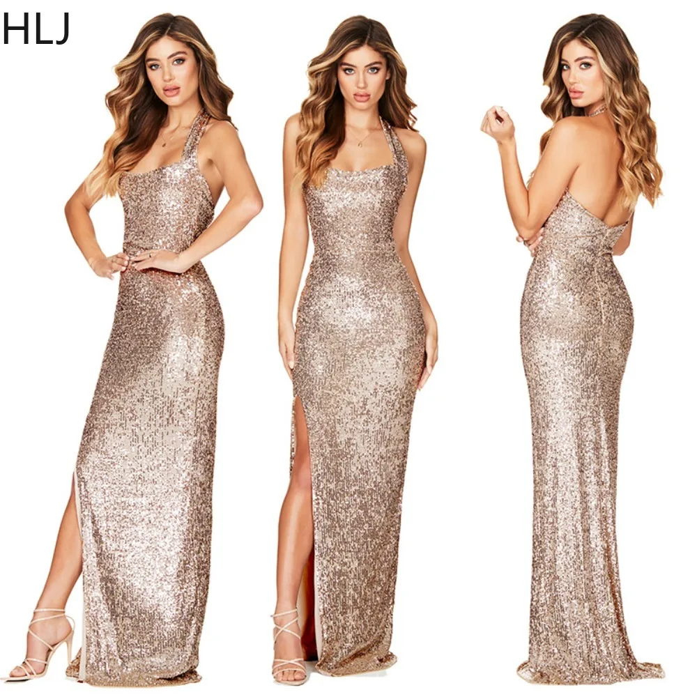 

Модные блестящие вечерние платья HLJ с высоким разрезом, женское облегающее платье макси без рукавов с лямкой на шее, сексуальное облегающее платье с открытой спиной, 2023