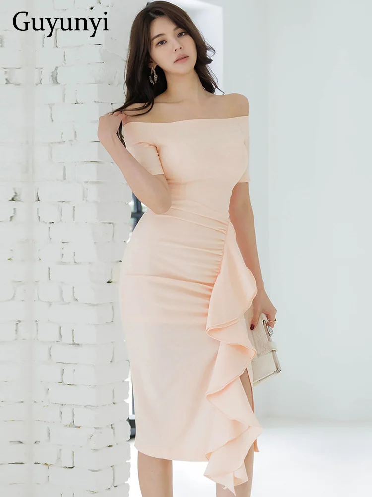 

Elegant Office Lady Dress Pink Sexy Off Shoulder Slash Neck High Waist Tight Folds Asymmetric Ruffled Edges Party Dress Women