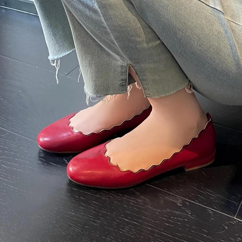 

Женские туфли на плоской подошве, красные Балетки с круглым носком, элегантная Весенняя повседневная обувь на низком каблуке, простая обувь в Корейском стиле из овечьей кожи