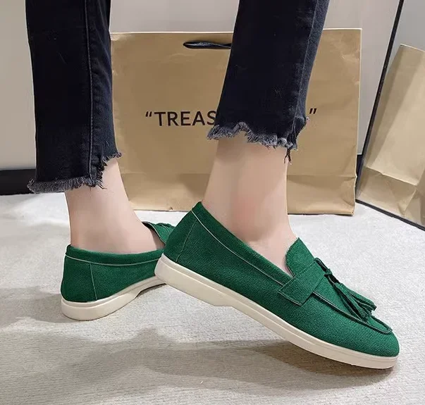 Womens Flock Thick Bottom Driving Shoes Round Toe Flock Tassel White Sole Soft Moccasines In Green Black Wide Fits Slip-On 35-45 Womens Flock Thick Bottom Driving Shoes Round Toe Flock Tassel White Sole Soft Moccasines In Green Black Wide Fits Slip-On 35-45