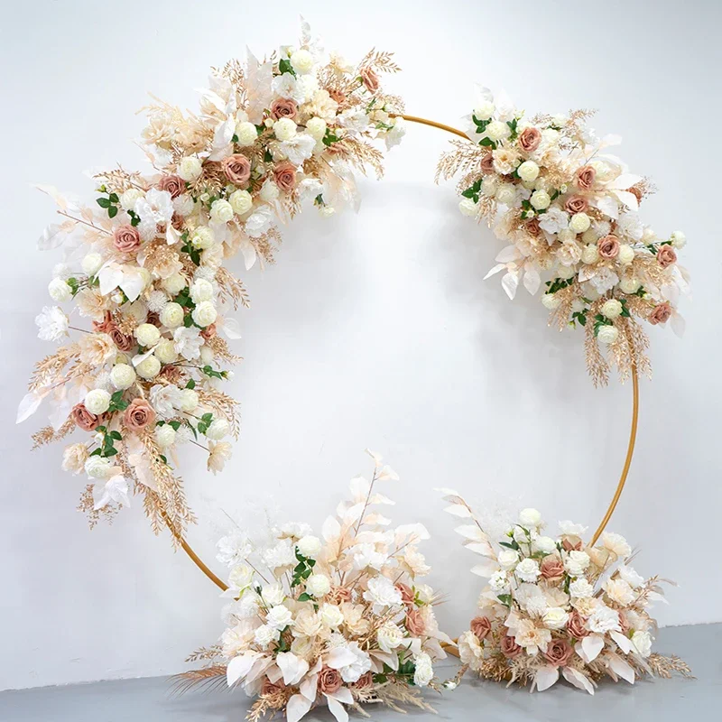 

Champagne White Artificial Flower Row Wedding Backdrop Arch Decor Gold Leaves Hang Flower Row Road Lead Flower Ball Party Props