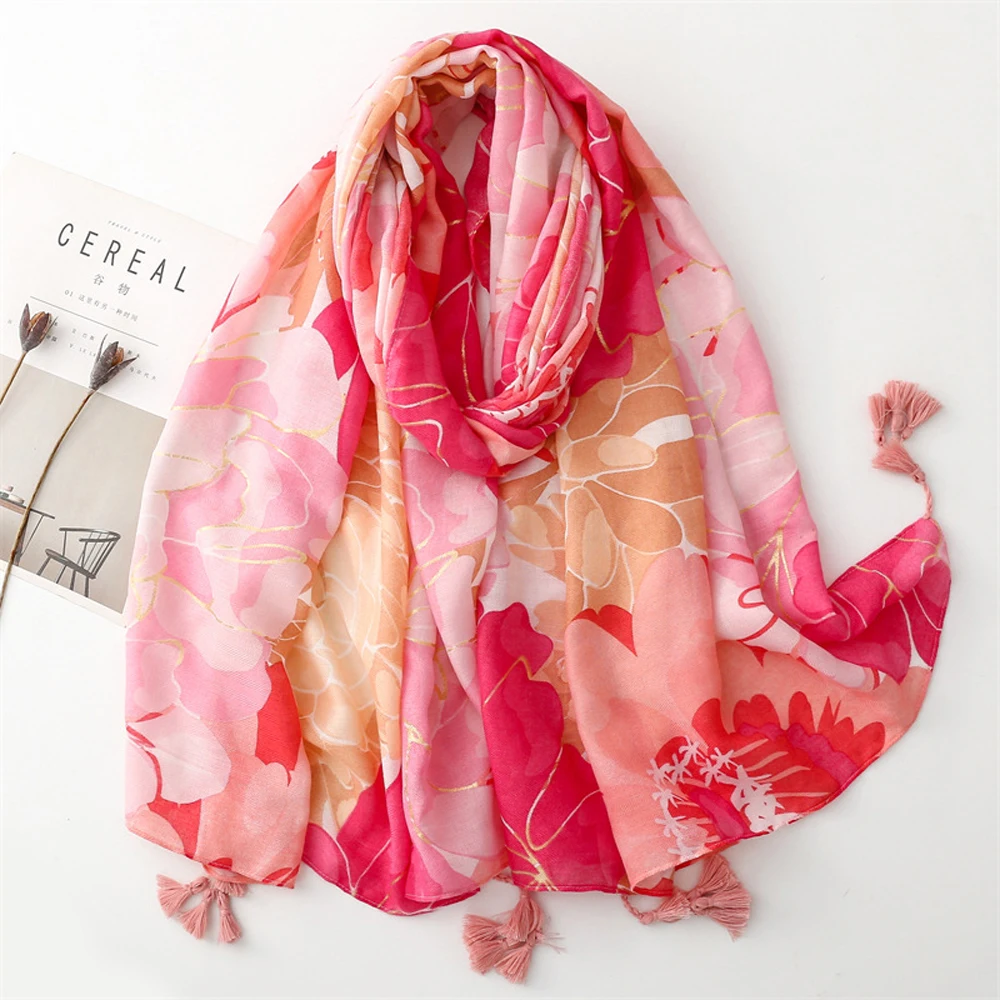 

2024 Beautiful Cotton Ombre Flower Print Tassel Gold Foil Scarf Shawls Long Floral Scarves Hijab Wrap