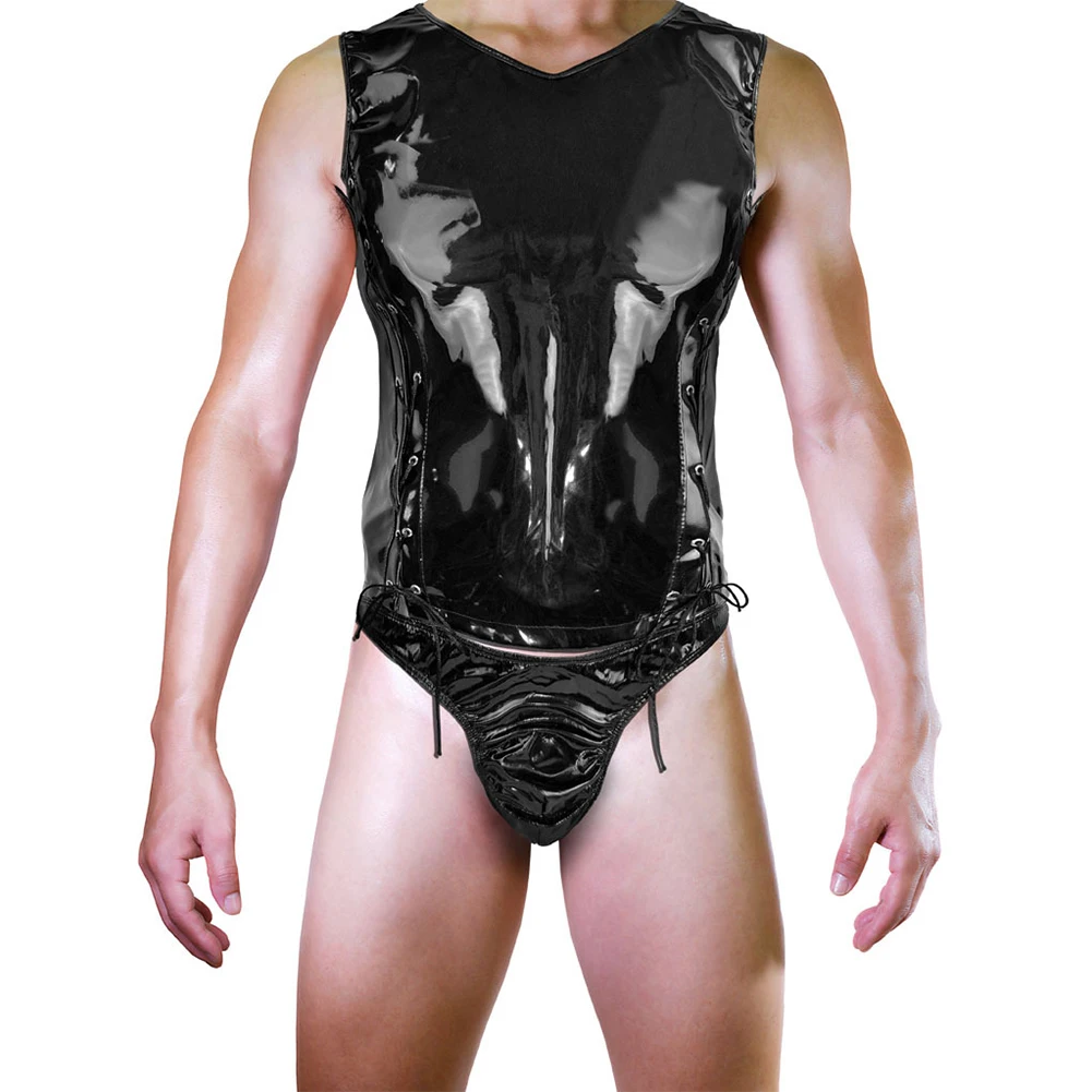 Sexy Men Shiny Faux Leather Bodysuit Sleeveless High Cut Thongs Leotard Erotic Lingerie Lace-up Jumpsuit Temptation Romper
Sexy Men Shiny Faux Leather Bodysuit Sleeveless High Cut Thongs Leotard Erotic Lingerie Lace-up Jumpsuit Temptation Romper