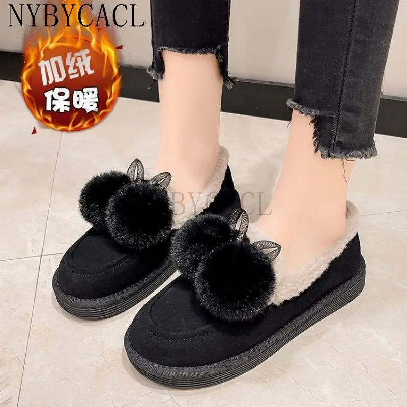 

Women Butterfly-Knot Fluffy Plush Flat Shoes 2022 Fashion Winter Warm Faux Fur Flock Loafers Slip On Shallow Luxury Moccasin New