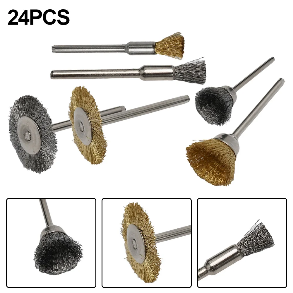 

24Pcs Brass Brush Steel Wire Wheel Brushes Rotary Tool For Metal Rust Removal Cleaning Derusting Deburring Polishing Tool