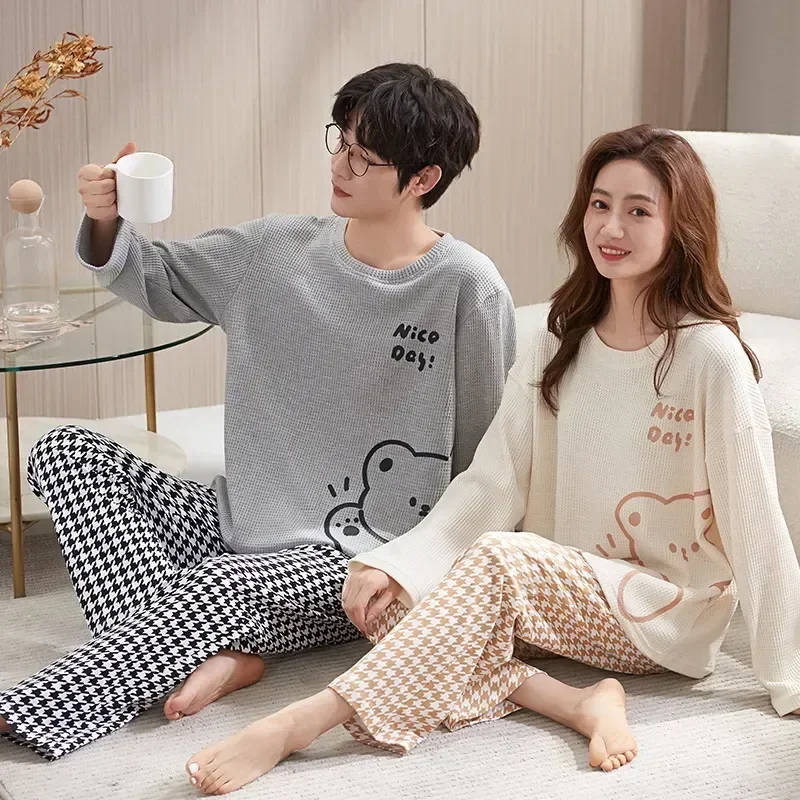 

Suit Nightwear Pyjamas Couple Long Cotton Bear Pure Neck 2piece Round Sleeve Set Print Pajamas Autumn Men Lover Sweet Winter