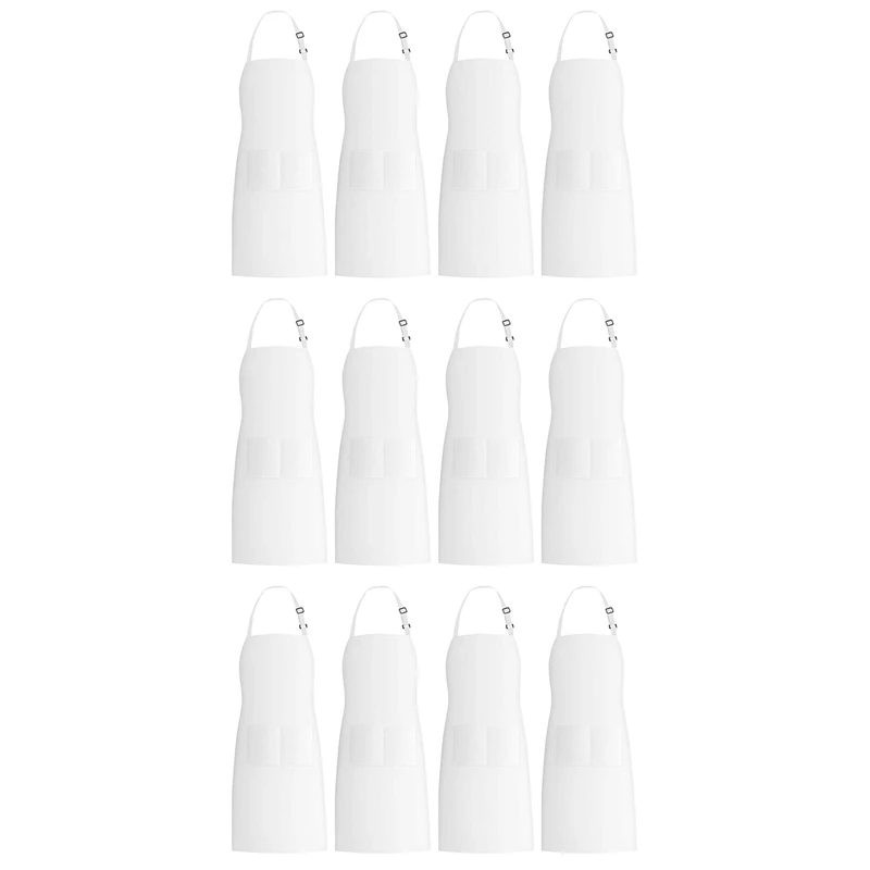 

12 Pack Bib Aprons With 2 Pockets Adjustable Kitchen Cooking Chef Apron For Women & Men, White