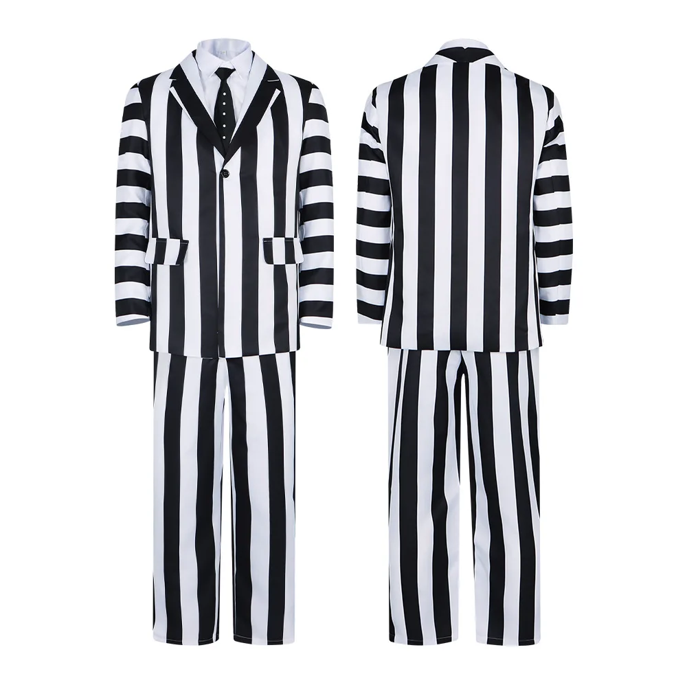 

Movie Beetle Juice Cosplay Costume Fancy Disguise Uniform Adult Men Halloween Carnival Black White Clothes Party Roleplay