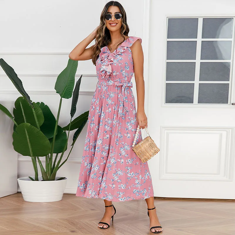 2023 Women Pleated Dress Designer Pleated Long Bow Knot High Waist V Neck Floral Dress Summer Casual Home Basic Sleeveless Girls
2023 Women Pleated Dress Designer Pleated Long Bow Knot High Waist V Neck Floral Dress Summer Casual Home Basic Sleeveless Girls