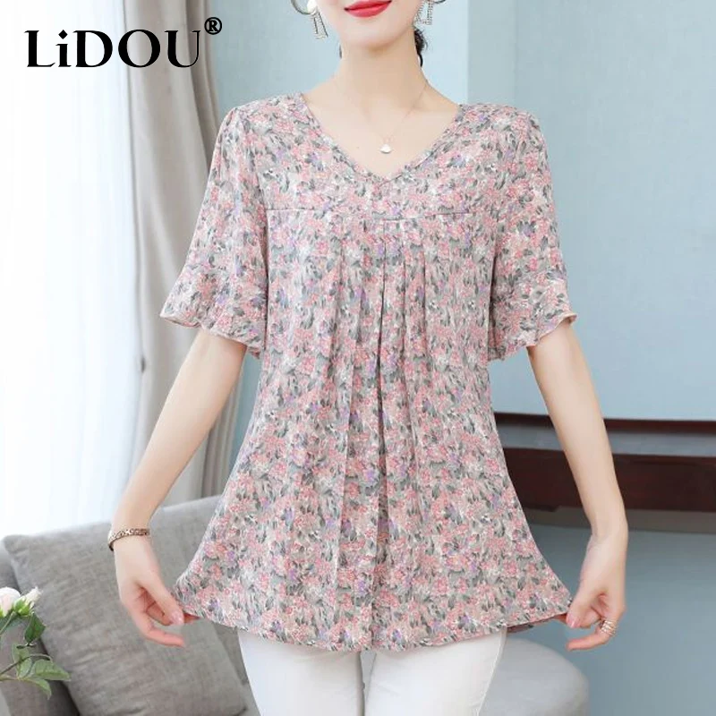 2023 Summer New Vintage Floral Printing V-neck Short Sleeve Long T-Shirts Women Korean Style Fashion Loose Casual Chiffon Tees
2023 Summer New Vintage Floral Printing V-neck Short Sleeve Long T-Shirts Women Korean Style Fashion Loose Casual Chiffon Tees