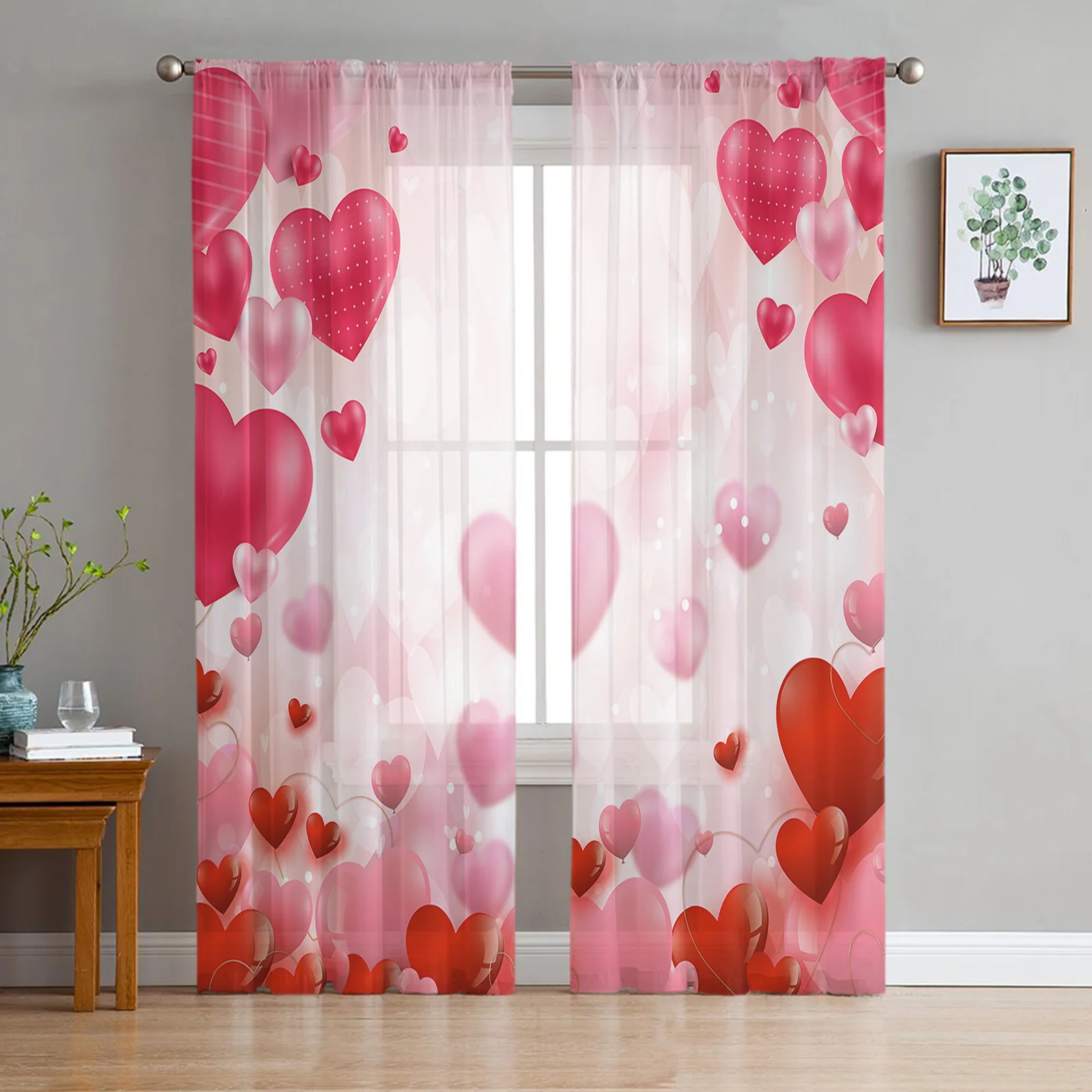 

Valentine'S Day Love Balloon Illustration Sheer Curtains Living Room Bedroom Voile Window Curtain Balcony Kitchen Tulle Drapes