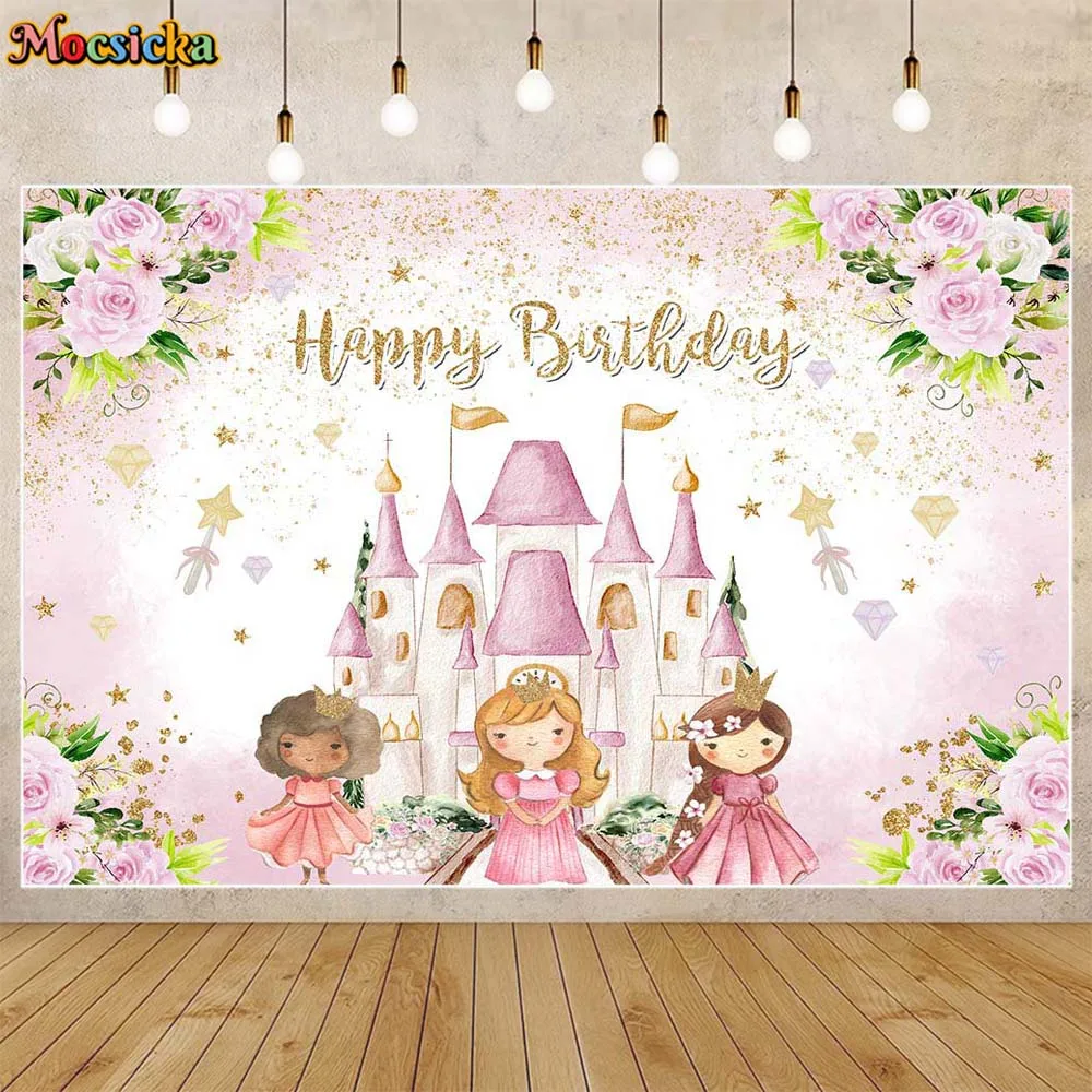 

Mocsicka Cartoon Castle Birthday Backdrop Little Girls Flower Baby Birthday Party Decor Background Banner Photocall Props Custom