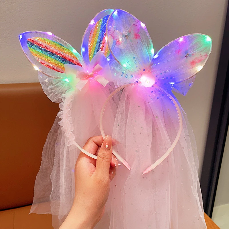 

Children Luminous Bow Knot Headband Girl's Flashing Light Up Rabbit Ear Princess Hair Band Veil Headdress Christmas navidad