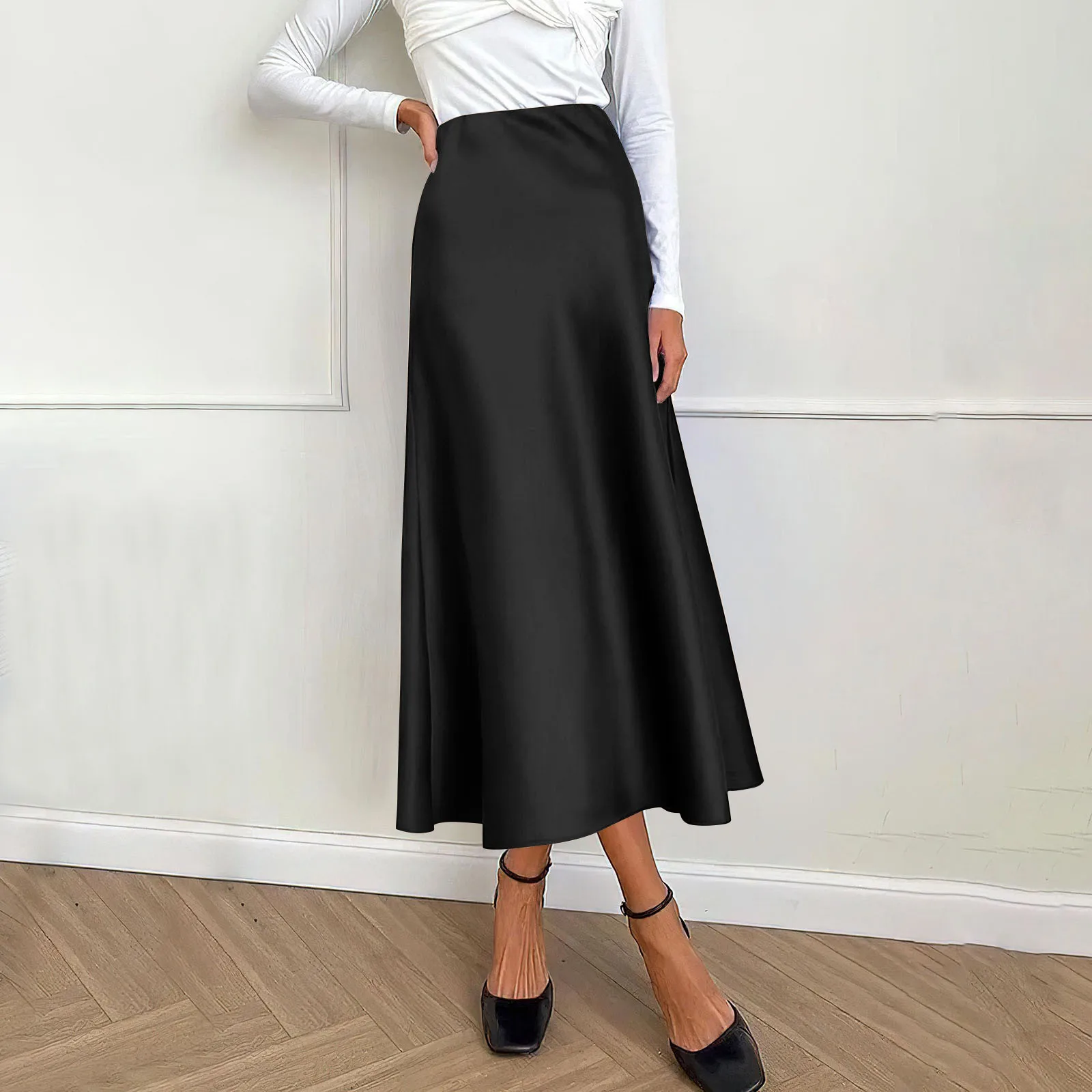 

Women'S Midi Satin Skirt Formal Casual High Waist A Line Skirt Flowing Ruffle Elegant Party Skirt Vestidos Elegantes Para Mujer