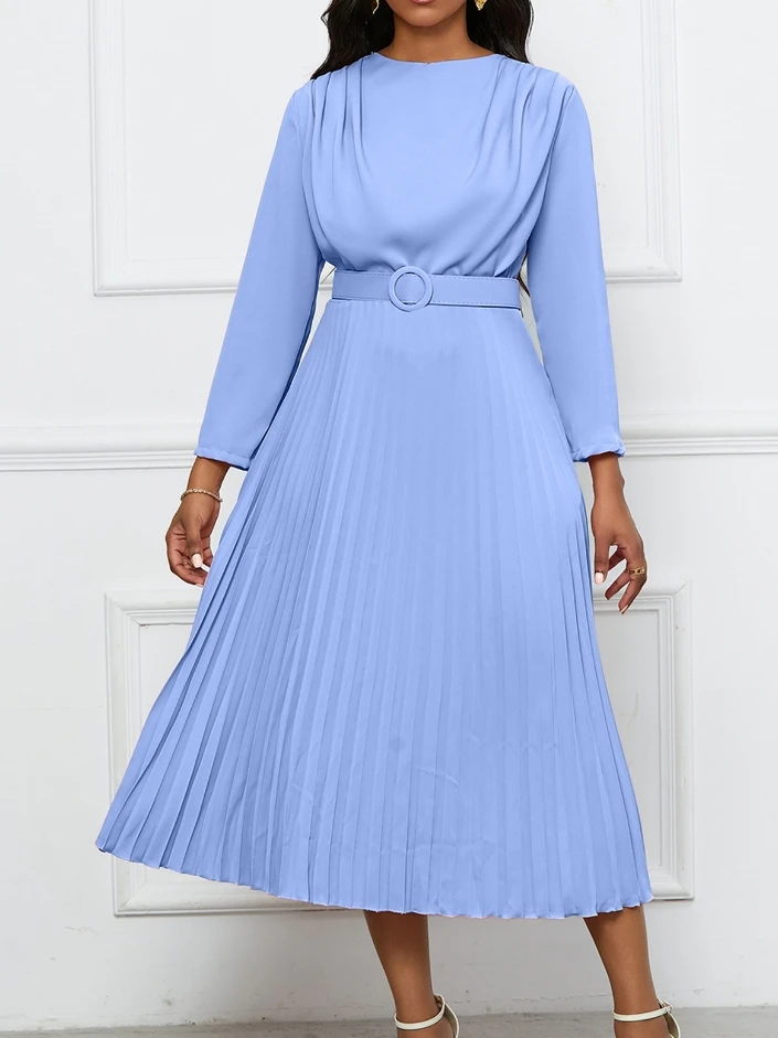 

New Fashion 2024 Summer Casual Elegant and Elegant Pleated Commuting Ol Solid Color Dress Female Clothing Outfits