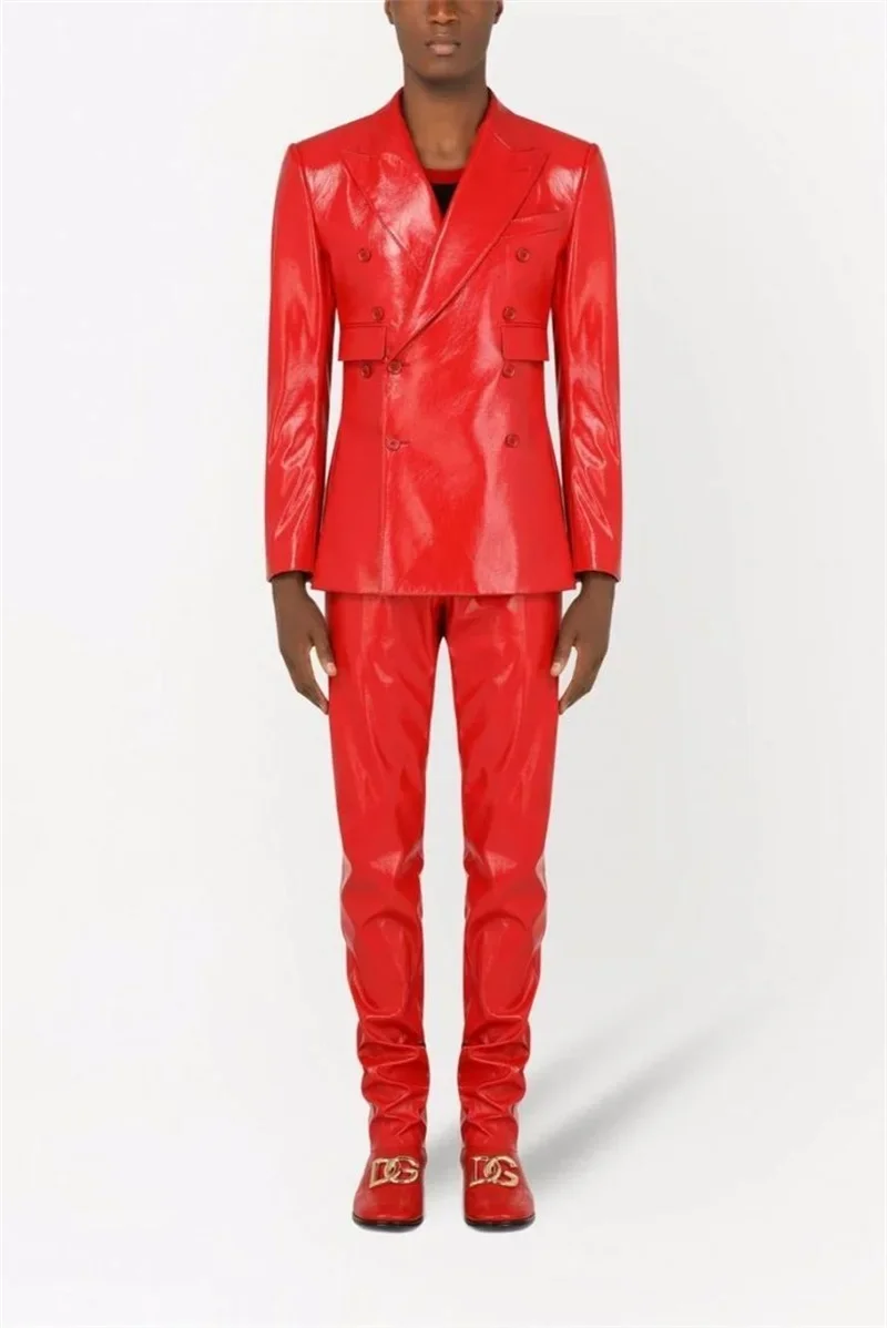 

Red Pu Leather Men Suits Set Custom Made Jacket 2 Piece Blazer+Pants Luxury Catwalk Groom Wedding Tuxedo Double Breasted Coat