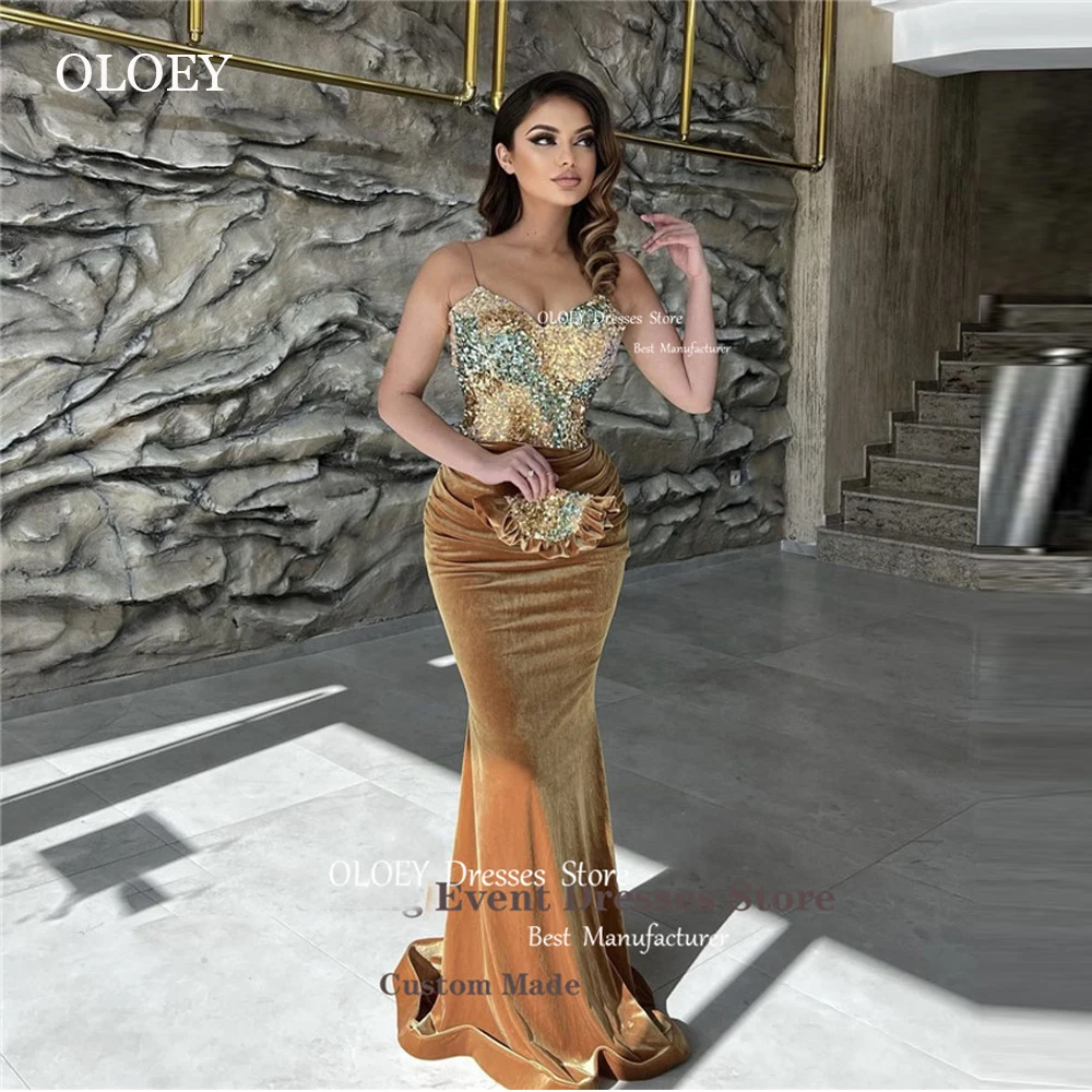 

OLOEY Sparkly Sequin Velvet Champagne Mermaid Prom Dresses Spaghetti Straps Sweetheart Dubai Arabic Women Long Evening gowns