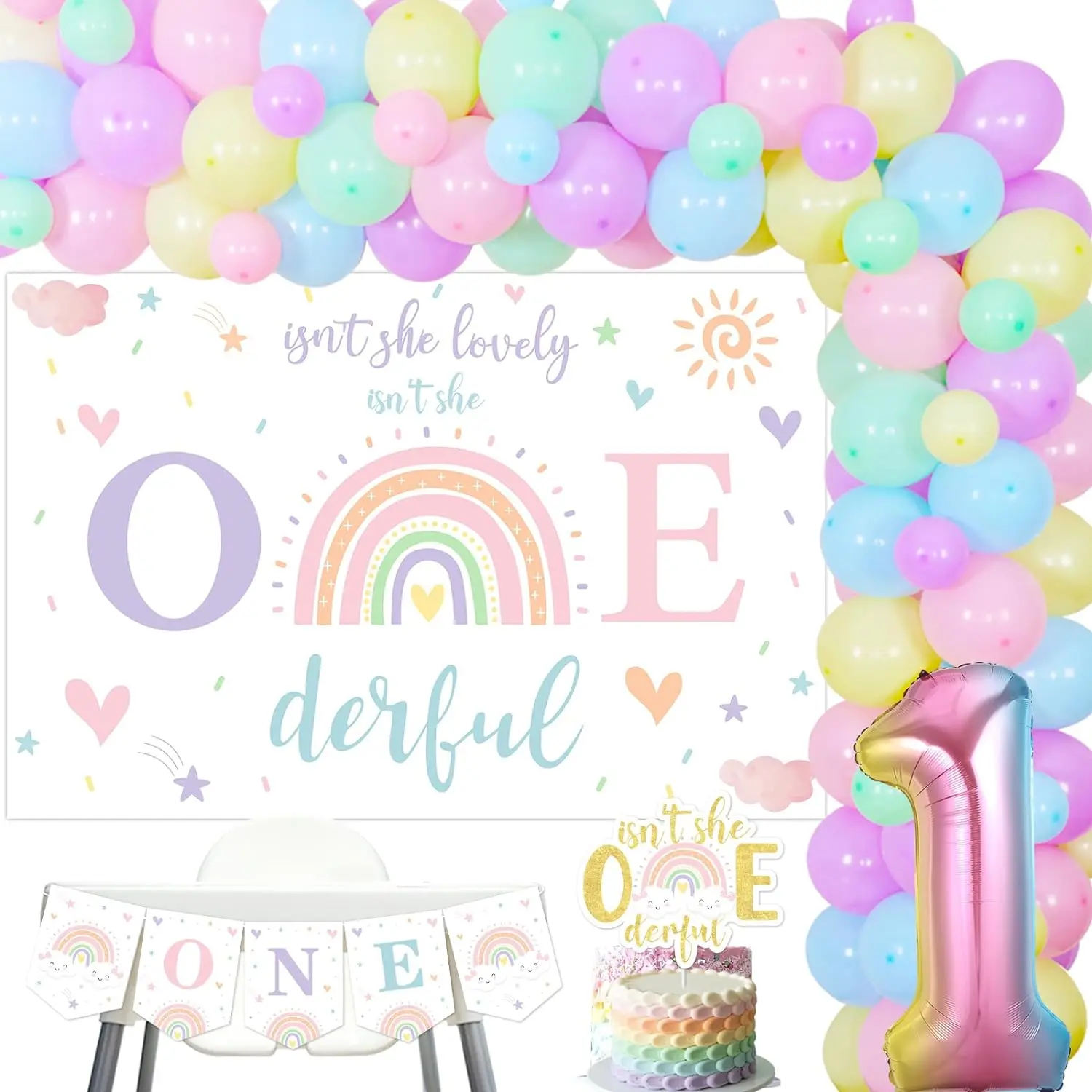 

Pastel Rainbow 1st Birthday Decor Isn't She Lovely Isn't She Onederful Backdrop Cake Topper Balloon Garland Arch First Birthday