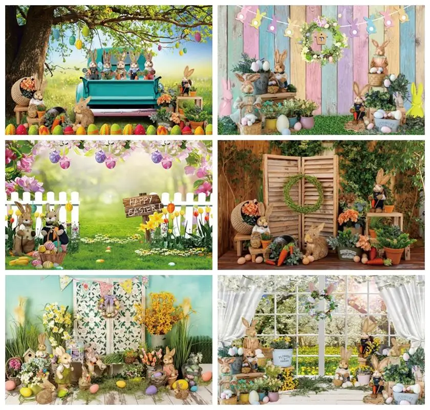 

Laeacco Easter Backdrop Spring Garden Fence Green Grass Colorful Eggs Floral Kids Baby Birthday Portrait Photography Background