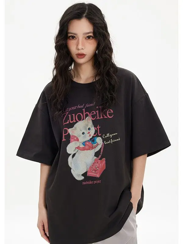 American retro cat print short-sleeved cotton T-shirt for women summer y2k new loose style casual trendy couple niche ins tops
American retro cat print short-sleeved cotton T-shirt for women summer y2k new loose style casual trendy couple niche ins tops