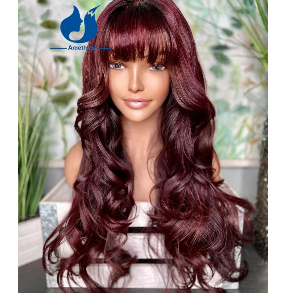 

Burgundy 99J Human Hair Wigs With Bangs For Black Women Full Machine Wig O Scalp Top Body Wave Red Glueless Remy Hair Brazilian
