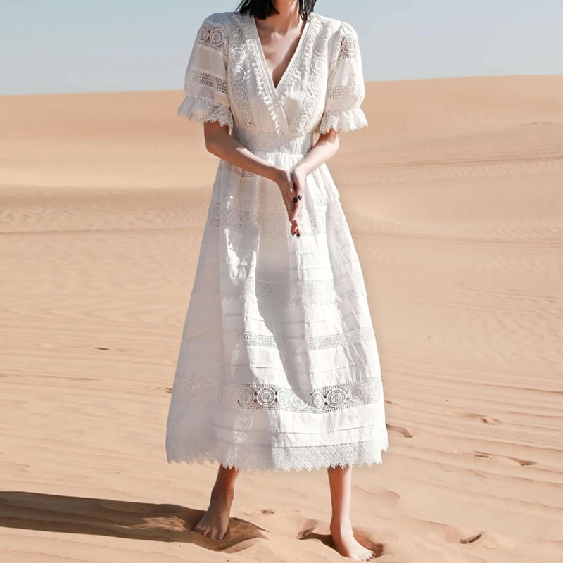 AYUALIN Elegant V-neck High Waist Dresses Vintage Floral Embroidery Linen Vestidos Boho Short Sleeve White Lace Dress for Women
AYUALIN Elegant V-neck High Waist Dresses Vintage Floral Embroidery Linen Vestidos Boho Short Sleeve White Lace Dress for Women