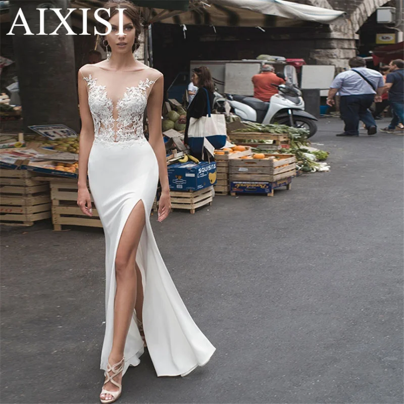 Sexy Mermaid Bride Dresses Lace Side Split Wedding Gowns Lace Backless Guests Dress Vestido De Noiva robe de mariée Swade
Sexy Mermaid Bride Dresses Lace Side Split Wedding Gowns Lace Backless Guests Dress Vestido De Noiva robe de mariée Swade