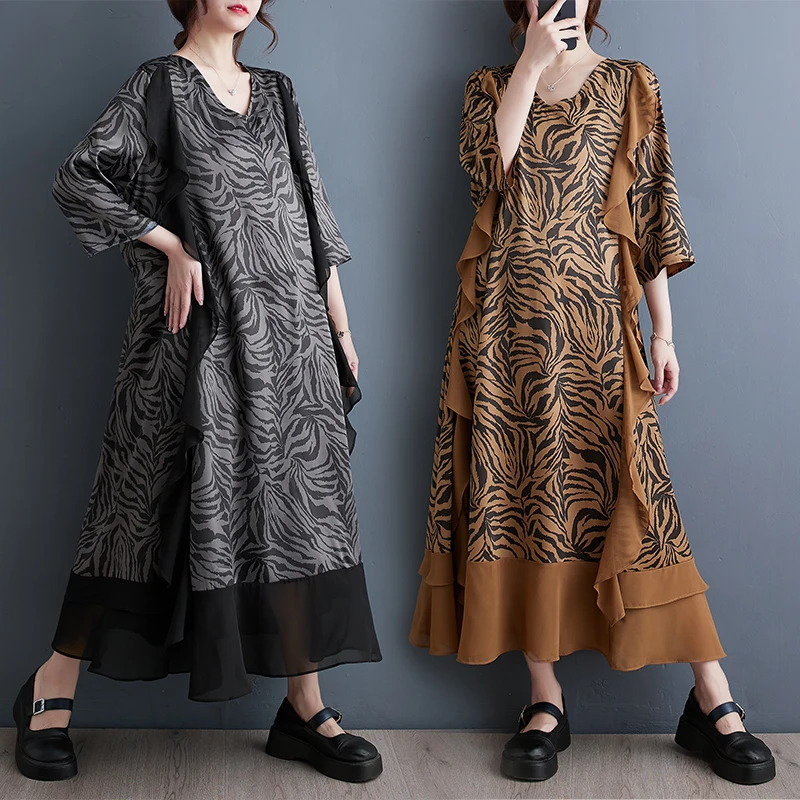 

#6877 Summer Vintage Long T Shirt Dress Zebra Stripes Printed Midi Dress Short Sleeve Spliced Ruffles Retro A-line Dresses Loose