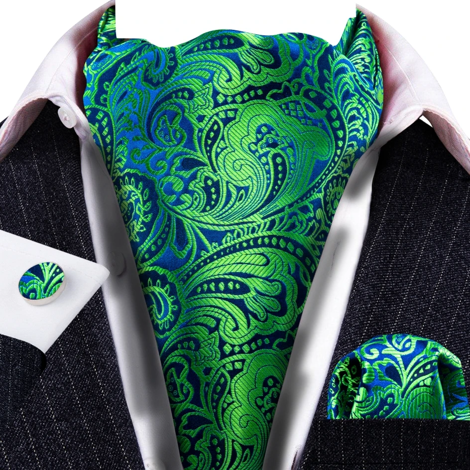 

Luxury Teal Cravat Ascot Tie For Men Fashion Paisley Jacquard Silk Pocket Square Cufflinks Set Wedding Party Designer Barry.Wang