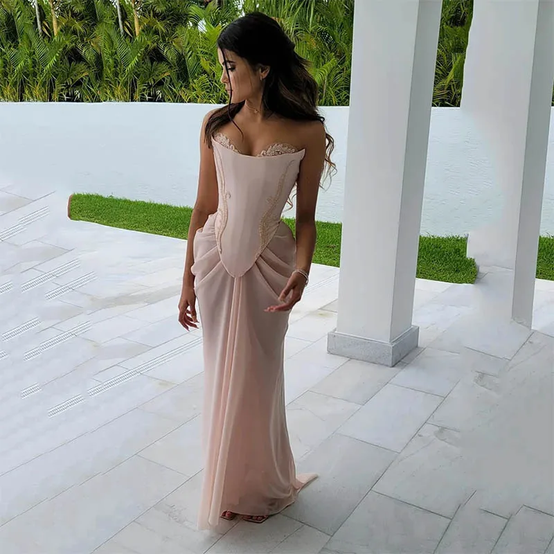 

Elegant Draped Blush Pink Evening Dress Chiffon Sheer Mesh Corset High Slit Crystal Lace Wedding Gown Dress Formal Gown