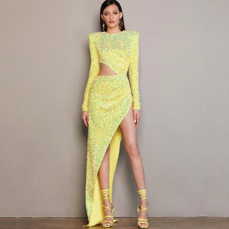 High quality European and American women's sequins Long sleeve open waist dress Slim fit Irregular sexy dress Long style
High quality European and American women's sequins Long sleeve open waist dress Slim fit Irregular sexy dress Long style
